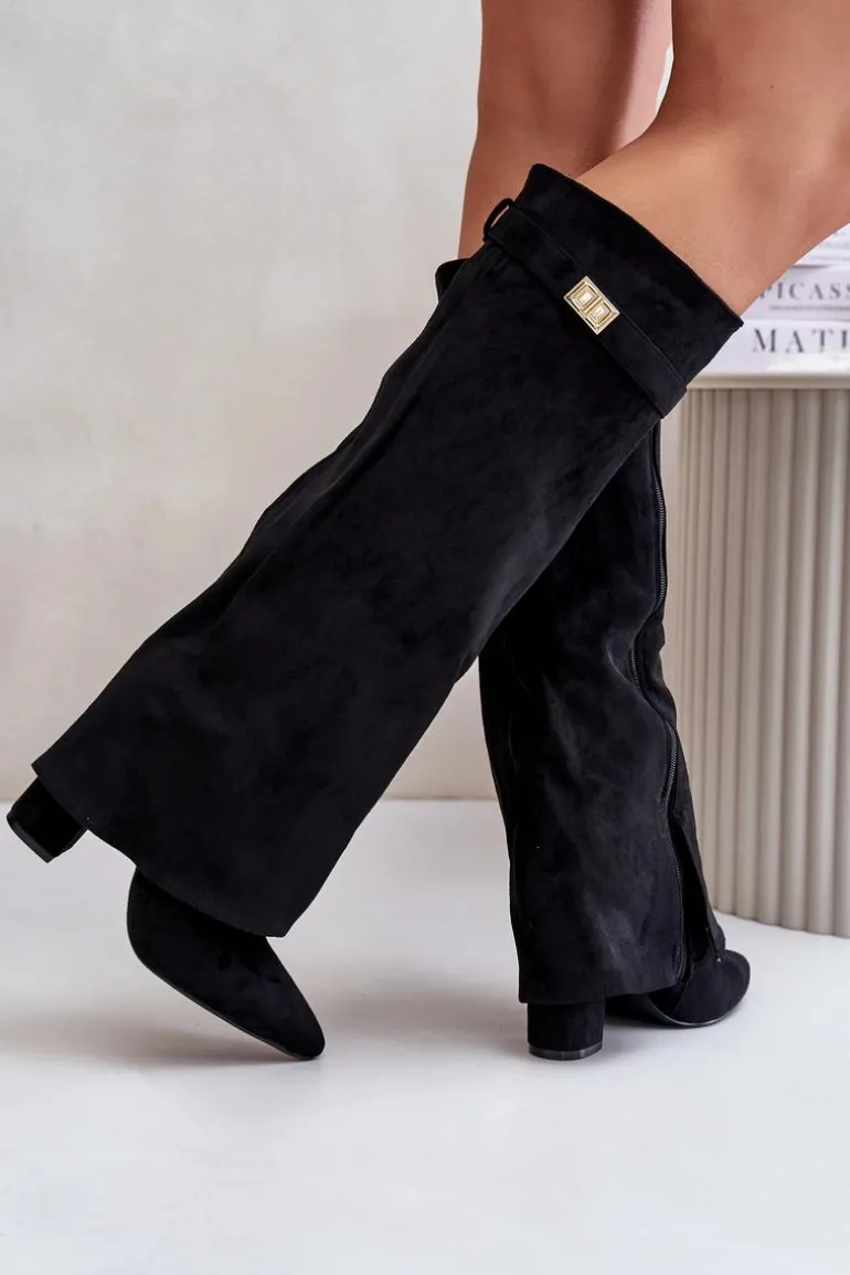 Kozaki Eko Zamszowe Obcas Słupek Na Zamek Ocieplane Wywinięta Cholewka Beżowe Evyra