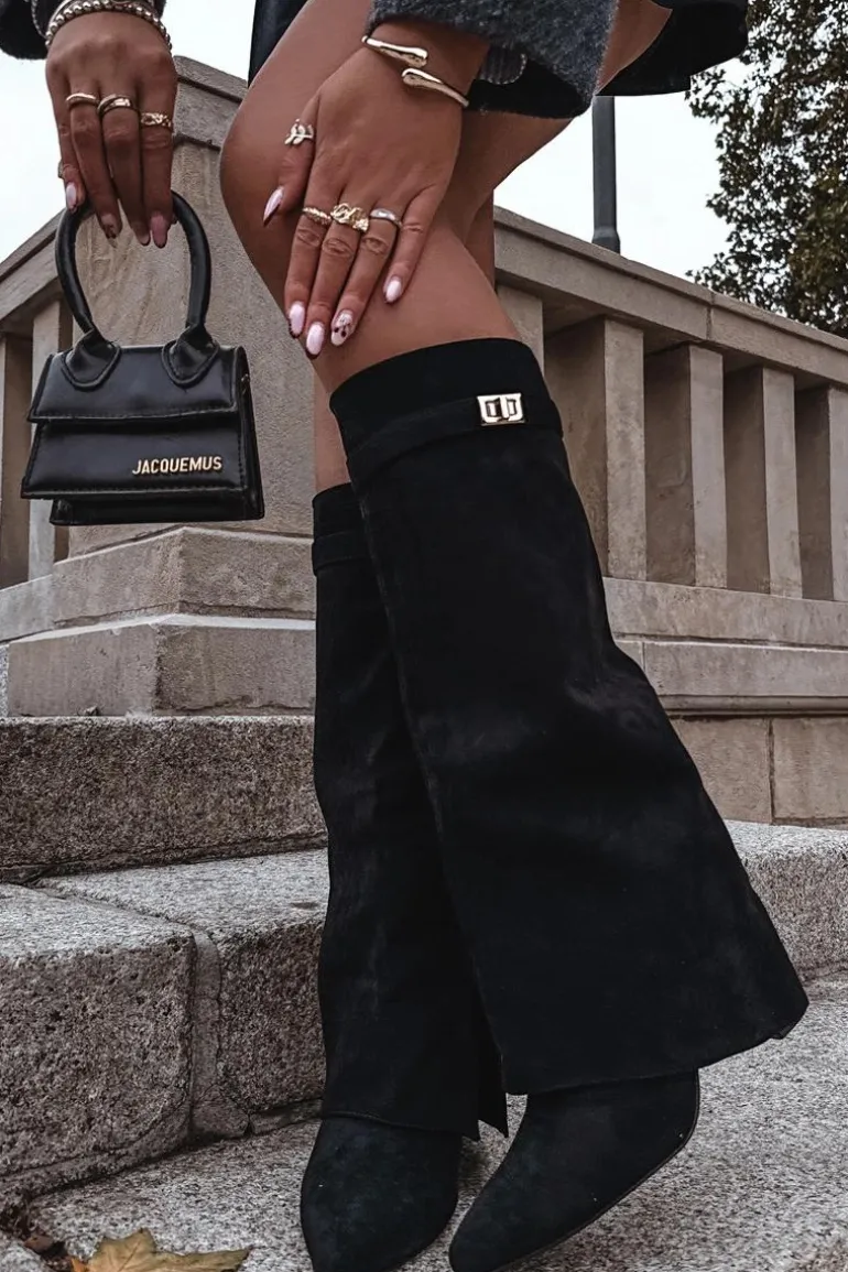 Kozaki Eko Zamszowe Obcas Słupek Na Zamek Ocieplane Wywinięta Cholewka Beżowe Evyra