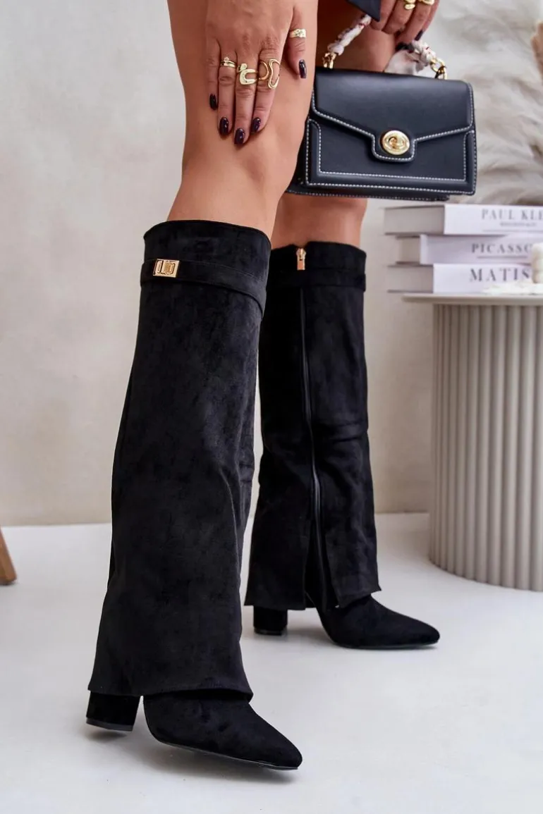 Kozaki Eko Zamszowe Obcas Słupek Na Zamek Ocieplane Wywinięta Cholewka Beżowe Evyra