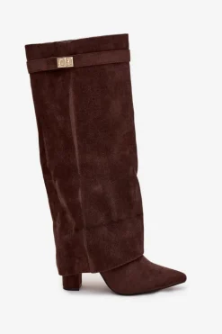 Kozaki Eko Zamszowe Obcas Słupek Na Zamek Ocieplane Wywinięta Cholewka Czekoladowe Evyra