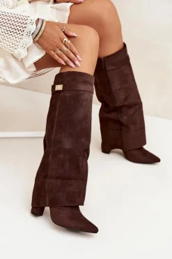 Kozaki Eko Zamszowe Obcas Słupek Na Zamek Ocieplane Wywinięta Cholewka Czekoladowe Evyra