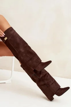 Kozaki Eko Zamszowe Obcas Słupek Na Zamek Ocieplane Wywinięta Cholewka Czekoladowe Evyra