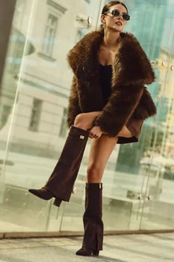 Kozaki Eko Zamszowe Obcas Słupek Na Zamek Ocieplane Wywinięta Cholewka Czekoladowe Evyra