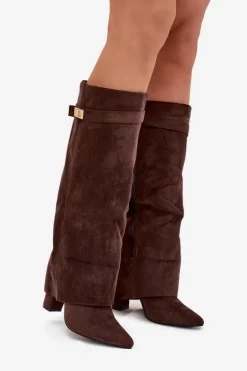 Kozaki Eko Zamszowe Obcas Słupek Na Zamek Ocieplane Wywinięta Cholewka Czekoladowe Evyra
