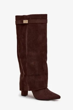 Kozaki Eko Zamszowe Obcas Słupek Na Zamek Ocieplane Wywinięta Cholewka Czekoladowe Evyra