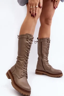 Kozaki Glany Damskie Do Połowy Łydki Sznurowane Beżowe Elavettsa