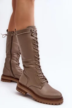 Kozaki Glany Damskie Do Połowy Łydki Sznurowane Beżowe Elavettsa