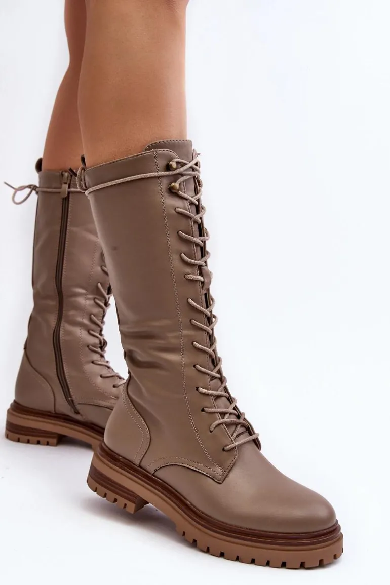 Kozaki Glany Damskie Do Połowy Łydki Sznurowane Beżowe Elavettsa