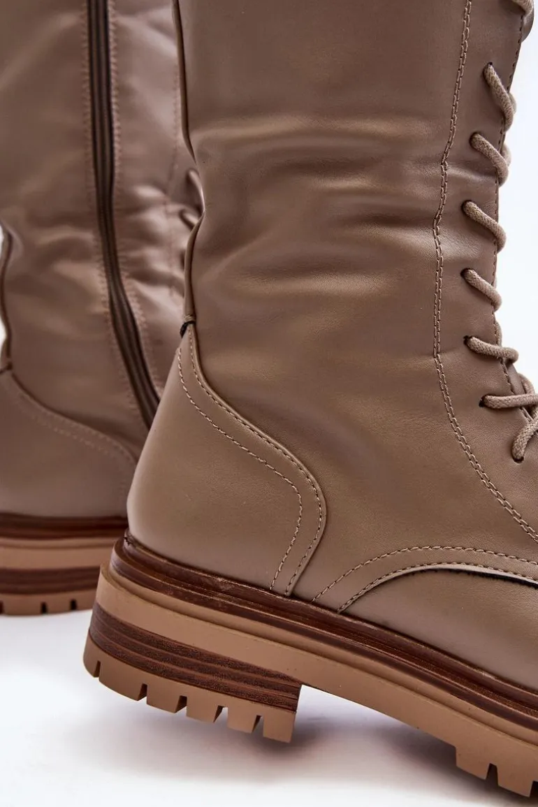 Kozaki Glany Damskie Do Połowy Łydki Sznurowane Beżowe Elavettsa