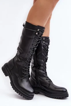 Kozaki Glany Damskie Do Połowy Łydki Sznurowane Czarne Elavettsa