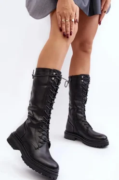 Kozaki Glany Damskie Do Połowy Łydki Sznurowane Czarne Elavettsa