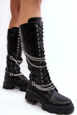 Kozaki Glany Damskie Z Łańcuchami Czarne Lannera