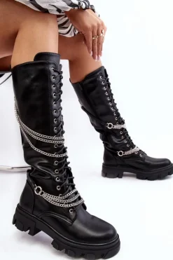 Kozaki Glany Damskie Z Łańcuchami Czarne Lannera