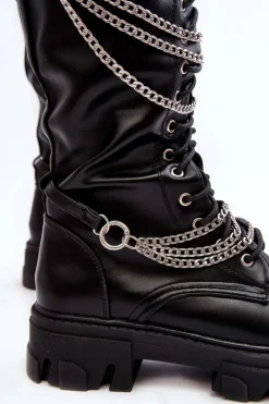Kozaki Glany Damskie Z Łańcuchami Czarne Lannera