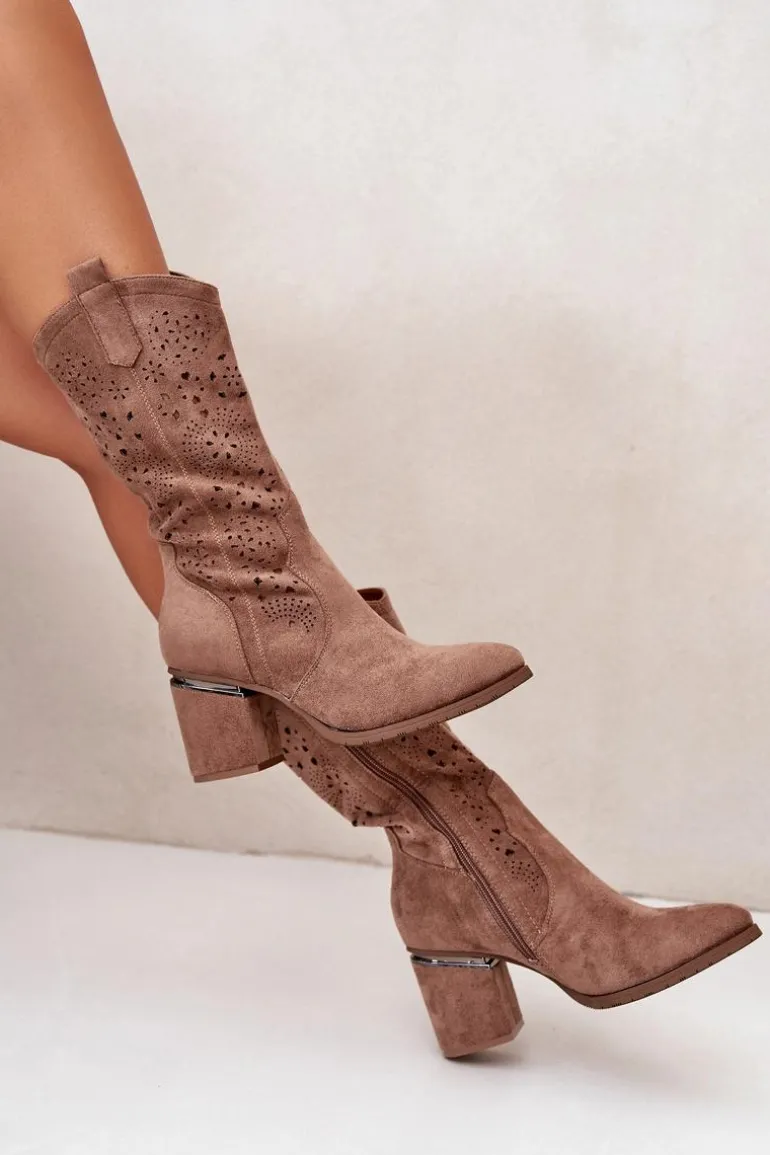 Kozaki Kowbojki Damskie Ażurowe Na Obcasie Słupku Eko Zamszowe Brązowe S.Barski HY42-028