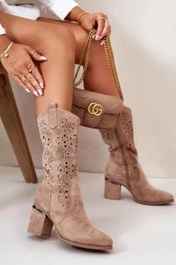 Kozaki Kowbojki Damskie Ażurowe Na Obcasie Słupku Eko Zamszowe Beżowe S.Barski HY42-028