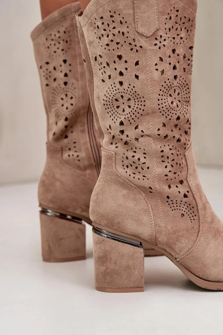 Kozaki Kowbojki Damskie Ażurowe Na Obcasie Słupku Eko Zamszowe Beżowe S.Barski HY42-028