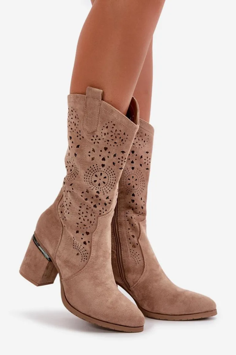 Kozaki Kowbojki Damskie Ażurowe Na Obcasie Słupku Eko Zamszowe Beżowe S.Barski HY42-028