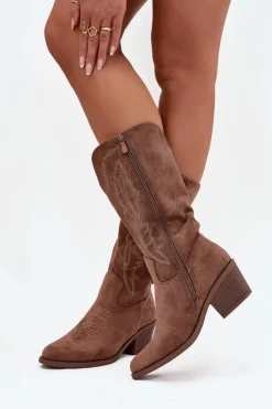 Kozaki Kowbojki Damskie Na Obcasie Ocieplane Vinceza 16508 Ciemnobeżowe