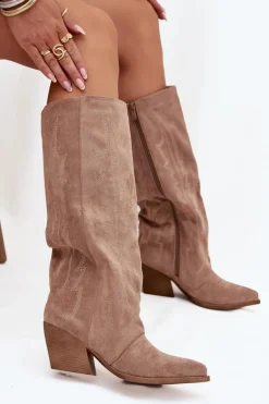 Kozaki Kowbojki Damskie Na Zamek Beżowe Isalina