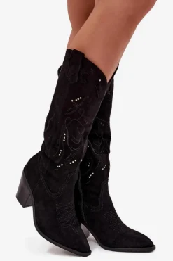 Kozaki Kowbojki Damskie Na Słupku Z Eko Zamszu Czarne Coretta