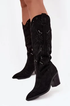 Kozaki Kowbojki Damskie Na Słupku Z Eko Zamszu Czarne Coretta