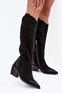 Kozaki Kowbojki Damskie Na Obcasie Z Naturalnego Zamszu Artiker 57C0232 Czarne