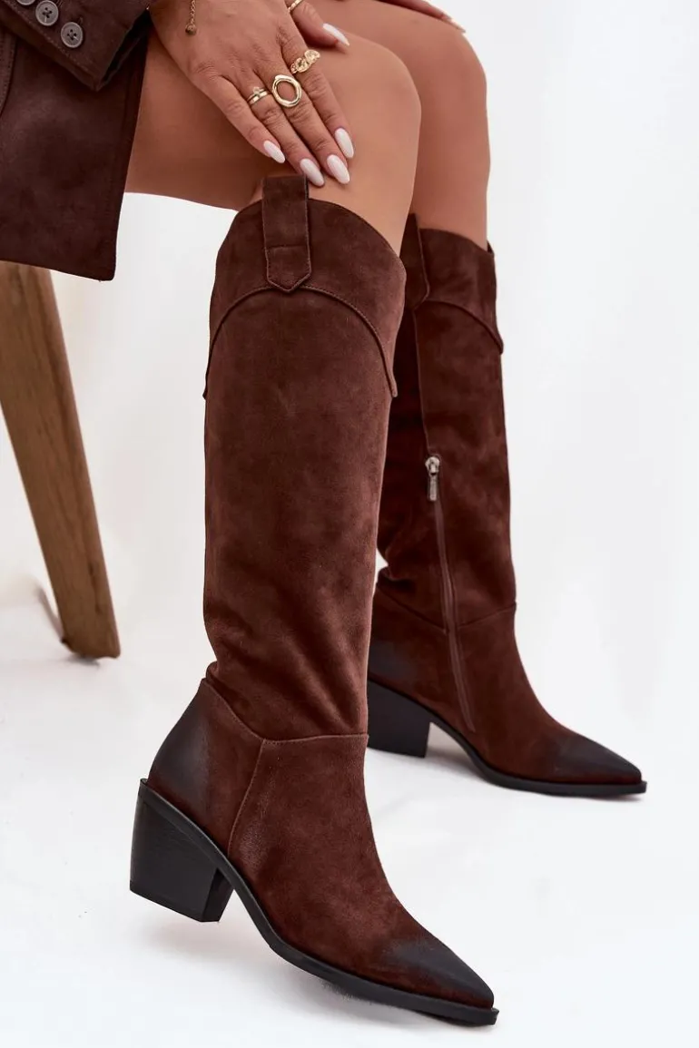 Kozaki Kowbojki Damskie Na Obcasie Z Naturalnego Zamszu Artiker 57C0230 Brązowe