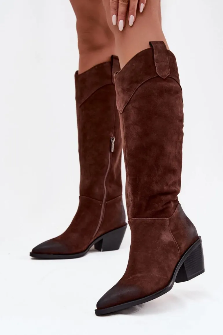 Kozaki Kowbojki Damskie Na Obcasie Z Naturalnego Zamszu Artiker 57C0230 Brązowe