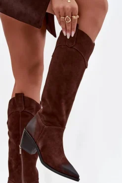 Kozaki Kowbojki Damskie Na Obcasie Z Naturalnego Zamszu Artiker 57C0230 Brązowe