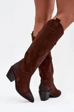 Kozaki Kowbojki Damskie Na Obcasie Z Naturalnego Zamszu Artiker 57C0230 Brązowe