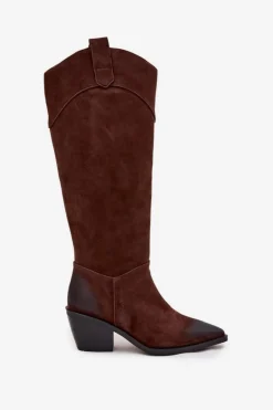 Kozaki Kowbojki Damskie Na Obcasie Z Naturalnego Zamszu Artiker 57C0230 Brązowe