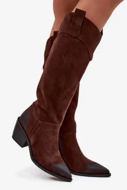 Kozaki Kowbojki Damskie Na Obcasie Z Naturalnego Zamszu Artiker 57C0230 Brązowe