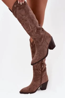 Kozaki Kowbojki Damskie Na Słupku Z Eko Zamszu Khaki Coretta