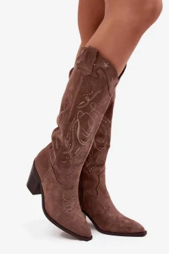 Kozaki Kowbojki Damskie Na Słupku Z Eko Zamszu Khaki Coretta