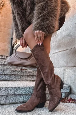 Kozaki Kowbojki Damskie Na Obcasie Z Eko Zamszu Brązowe Esmira