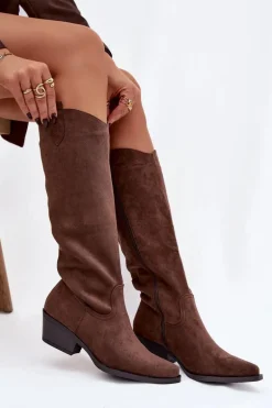 Kozaki Kowbojki Damskie Na Obcasie Z Eko Zamszu Brązowe Esmira