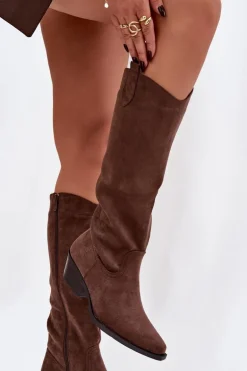 Kozaki Kowbojki Damskie Na Obcasie Z Eko Zamszu Brązowe Esmira