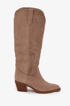 Kozaki Kowbojki Damskie Na Obcasie Z Eko Zamszu Beżowe Esmira