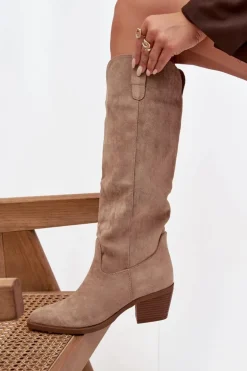 Kozaki Kowbojki Damskie Na Obcasie Z Eko Zamszu Beżowe Esmira