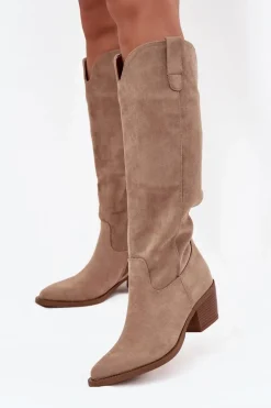 Kozaki Kowbojki Damskie Na Obcasie Z Eko Zamszu Beżowe Esmira