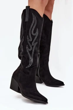 Kozaki Kowbojki Damskie Ze Zdobieniem Na Słupku Czarne Jovina