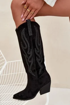 Kozaki Kowbojki Damskie Ze Zdobieniem Na Słupku Czarne Jovina