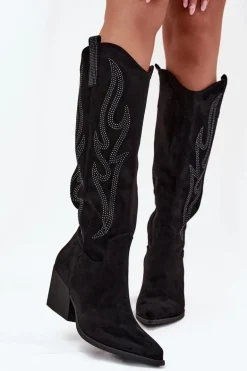 Kozaki Kowbojki Damskie Ze Zdobieniem Na Słupku Czarne Jovina