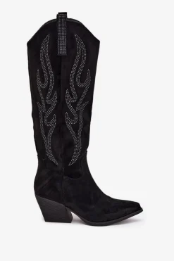 Kozaki Kowbojki Damskie Ze Zdobieniem Na Słupku Czarne Jovina