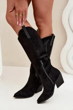 Kozaki Kowbojki Damskie Ze Zdobieniem Na Słupku Czarne Jovina