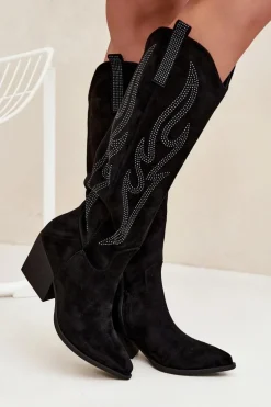 Kozaki Kowbojki Damskie Ze Zdobieniem Na Słupku Czarne Jovina