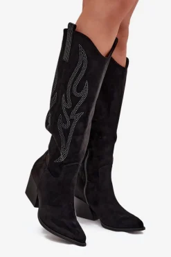 Kozaki Kowbojki Damskie Ze Zdobieniem Na Słupku Czarne Jovina