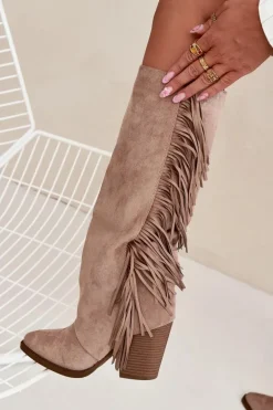 Kozaki Kowbojki Damskie Z Frędzlami Na Słupku Beżowe Tivara