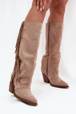 Kozaki Kowbojki Damskie Z Frędzlami Na Słupku Beżowe Tivara